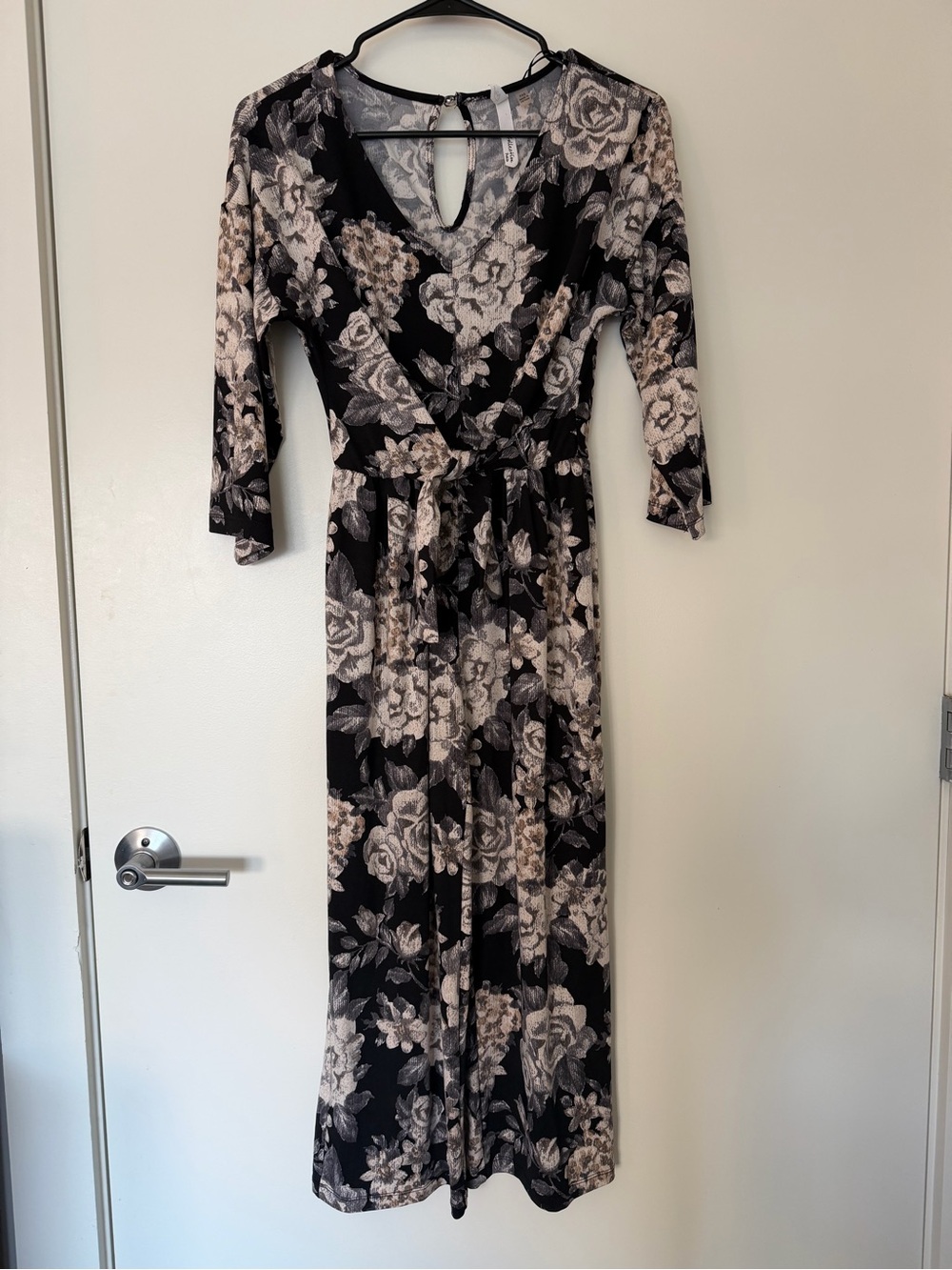 Floral V-Neck Wrap Jumpsuit in Black and Cream - Petite XS